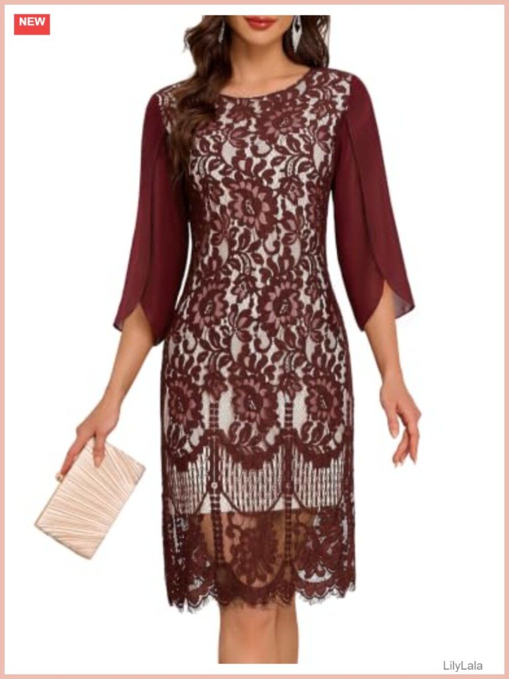 Formal Wedding Guest Dress Midi Chiffon Lace Sleeve Cocktail
